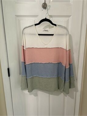 Maeve Striped Ribbed V-Neck Pullover in Cream, Pink, Blue, Green